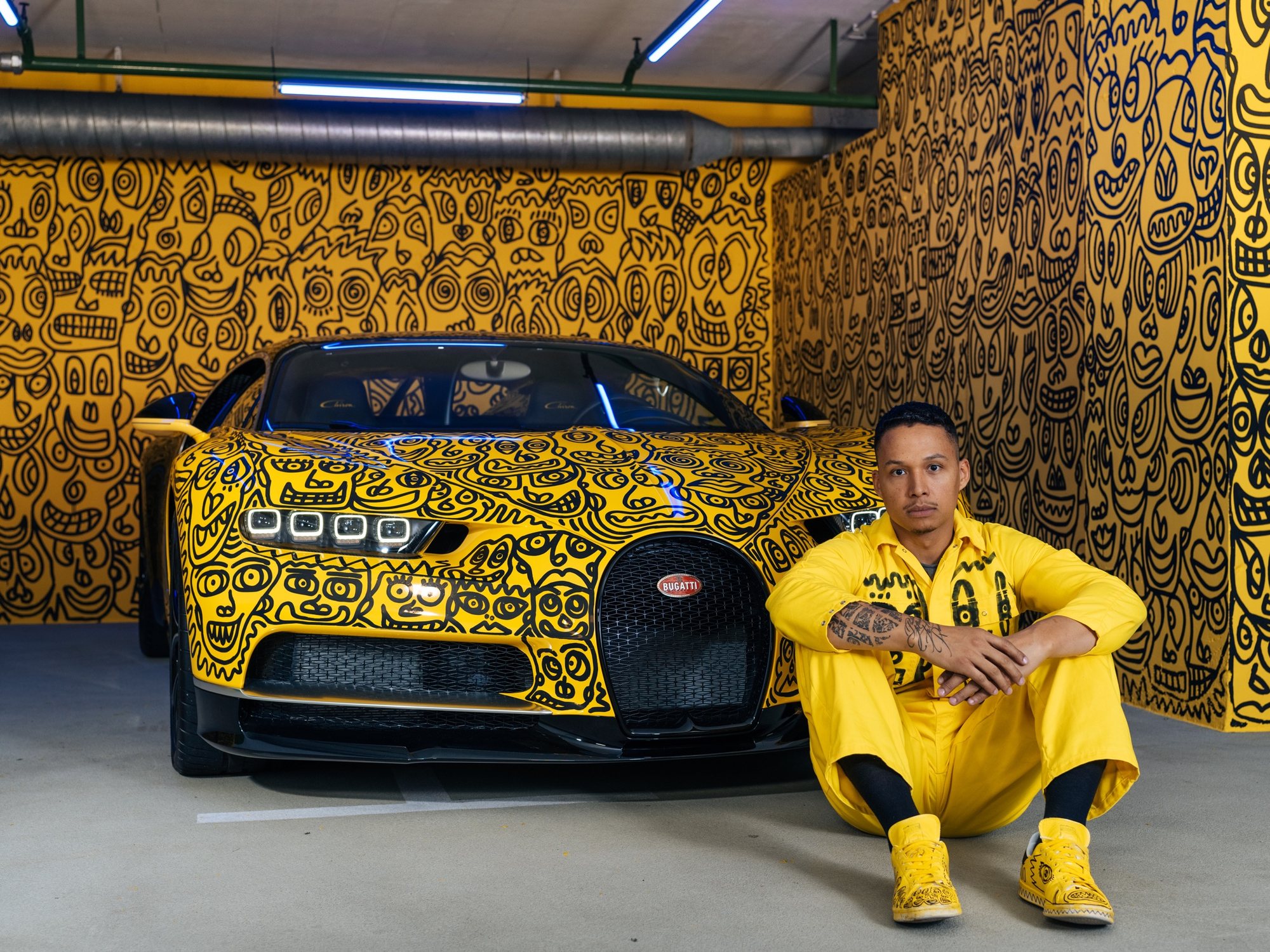 Romulo Kuranyi mit dem gelben, handbemalten Bugatti Chiron Art Car
